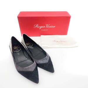 Roger Vivier Black Grey Suede Designer Pointed Toe Flats Shoes EU 37.5